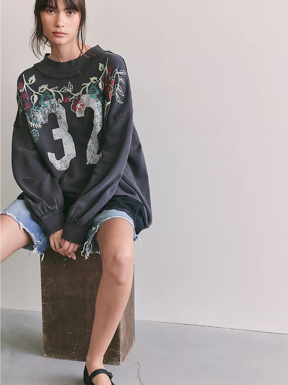 Free People Washed Black Floral '37' Graphic Pullover